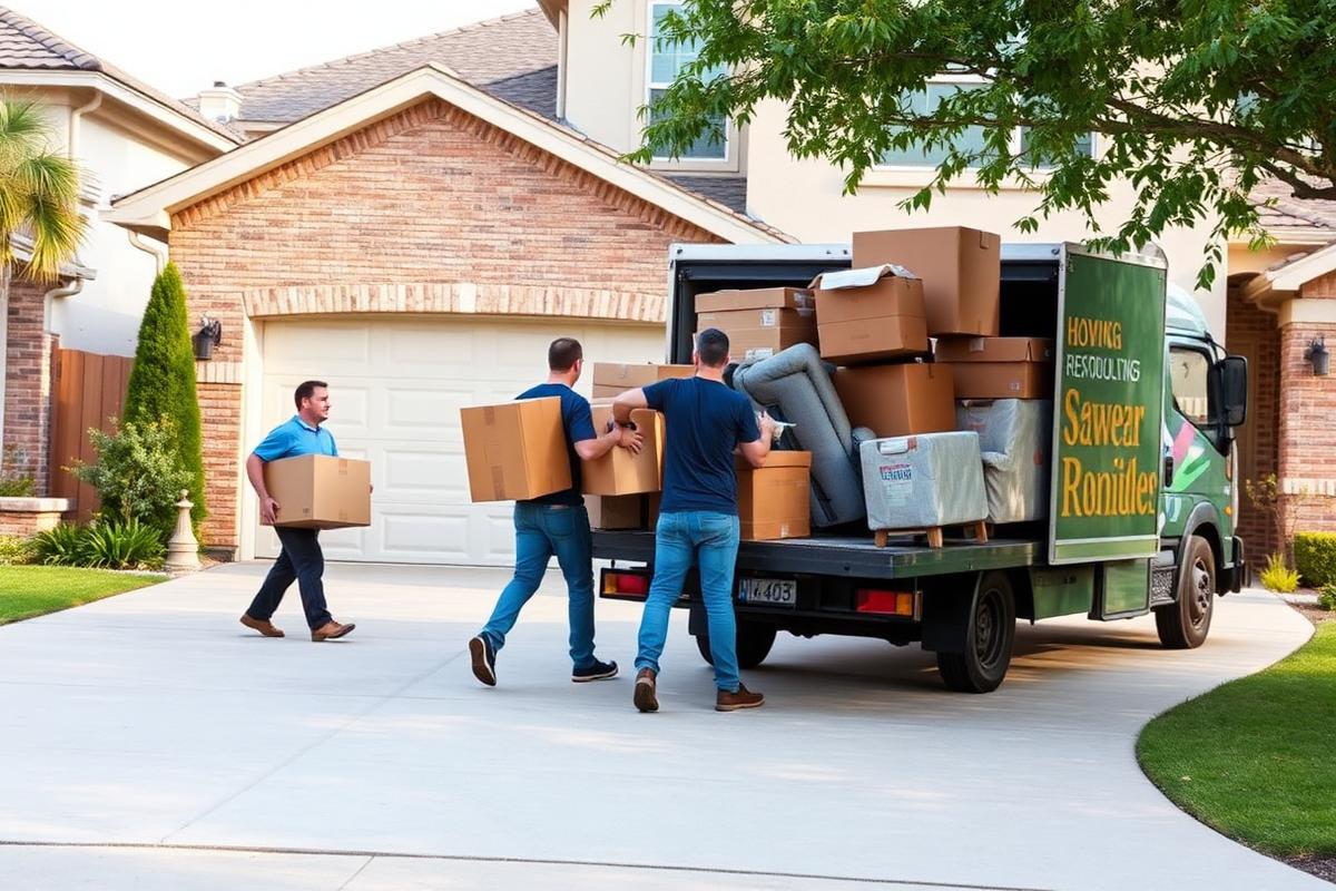 Junk removal team clearing moving boxes and old furniture at a new home in Kyle, TX