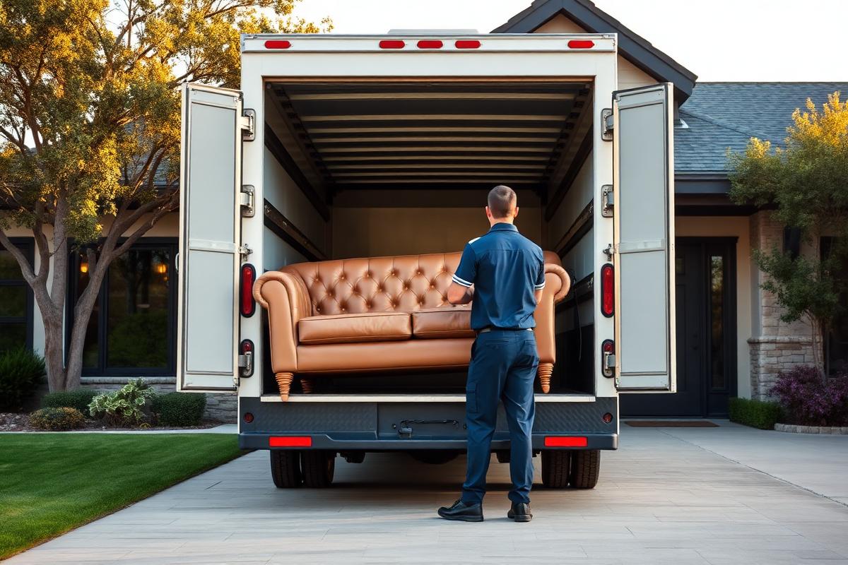 Capital Junk Removal crew loading a leather sofa into a truck outside an upscale home in Circle C Ranch, TX